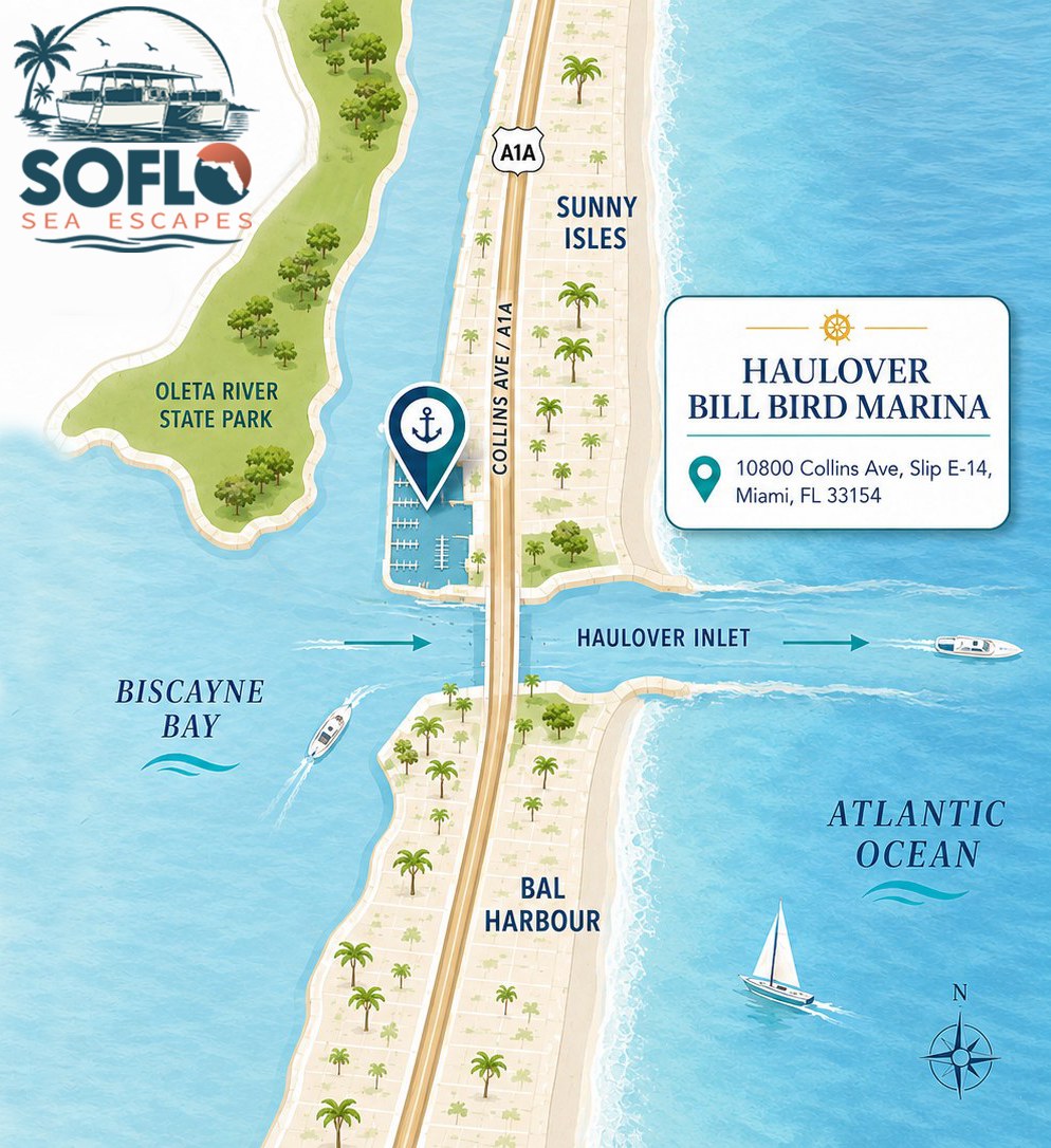 Illustrated map of Haulover Bill Bird Marina showing Biscayne Bay, Haulover Inlet, and the Atlantic Ocean