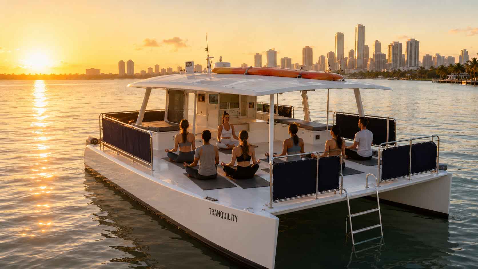 Sunrise yoga session aboard catamaran