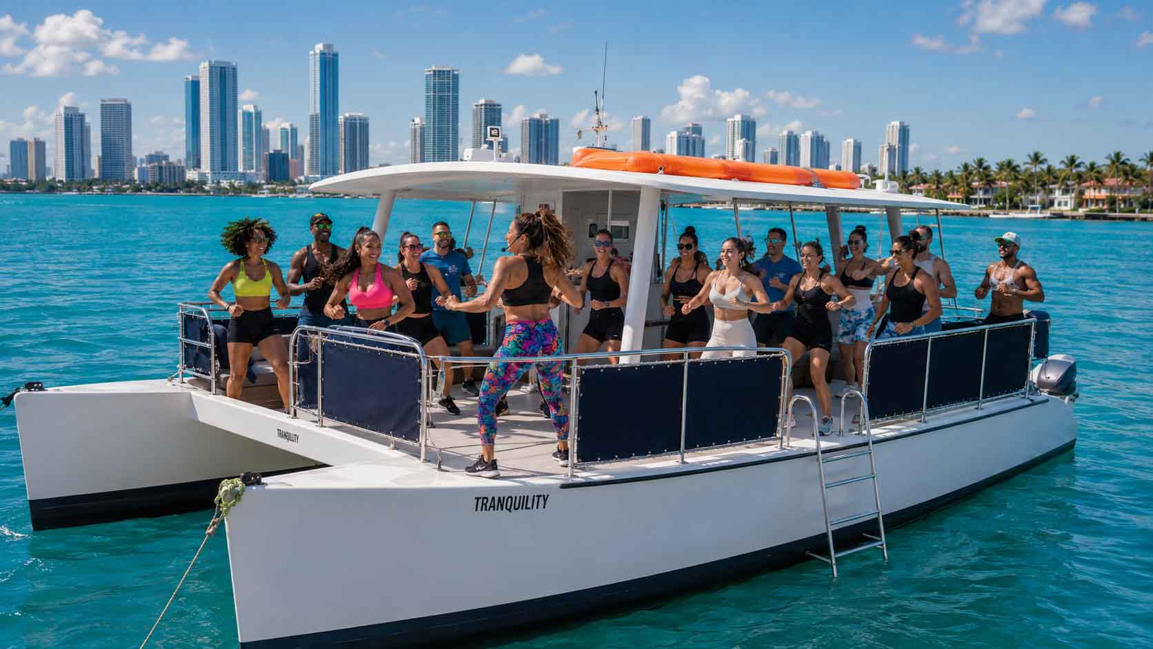Zumba dance party aboard catamaran on Biscayne Bay